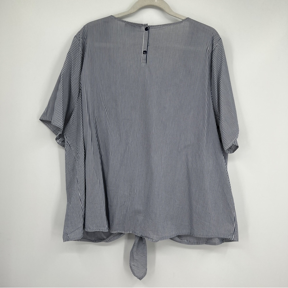 Lane Bryant Embroidered Tie-Front Pinstriped Back Button Boxy Blue White Shirt - Picture 9 of 15